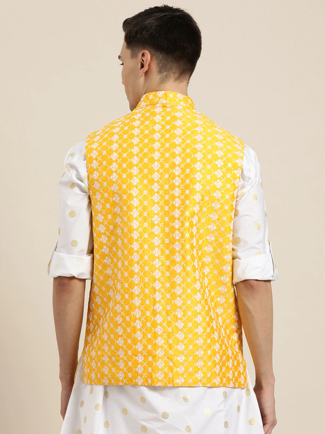 Men's Silk Blend Yellow Embroidered Only Nehrujacket