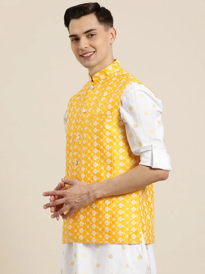 Men's Silk Blend Yellow Embroidered Only Nehrujacket