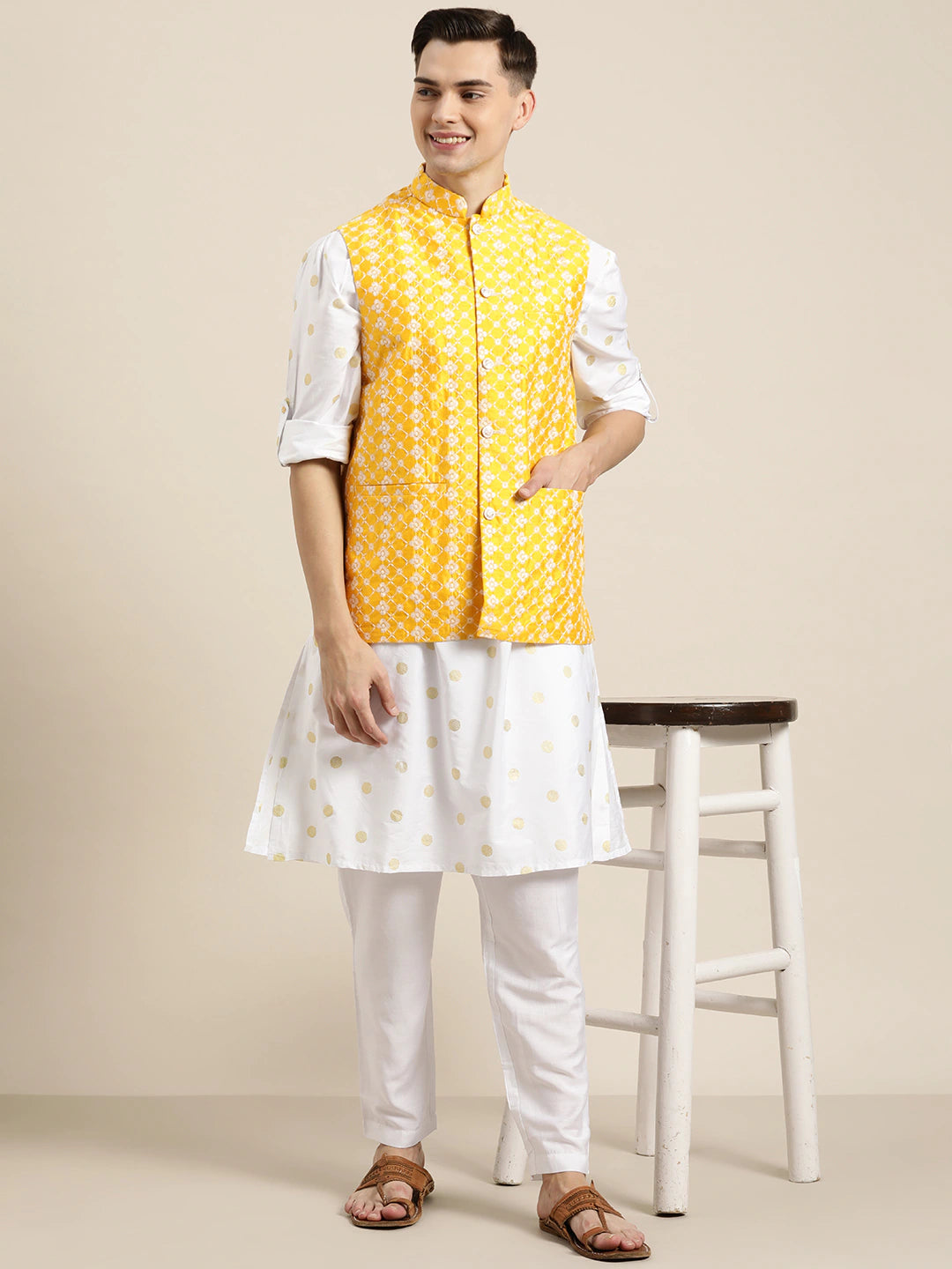 Men's Silk Blend Yellow Embroidered Only Nehrujacket