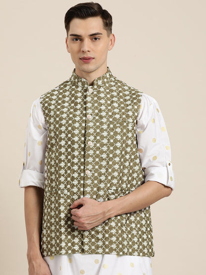 Men's Silk Blend Olive Embroidered Only Nehrujacket