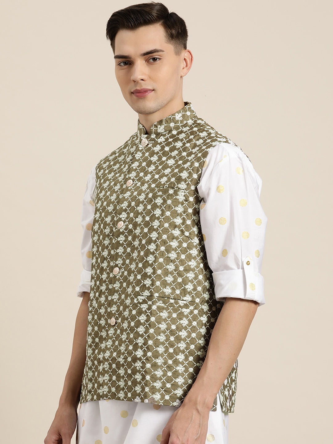 Men's Silk Blend Olive Embroidered Only Nehrujacket