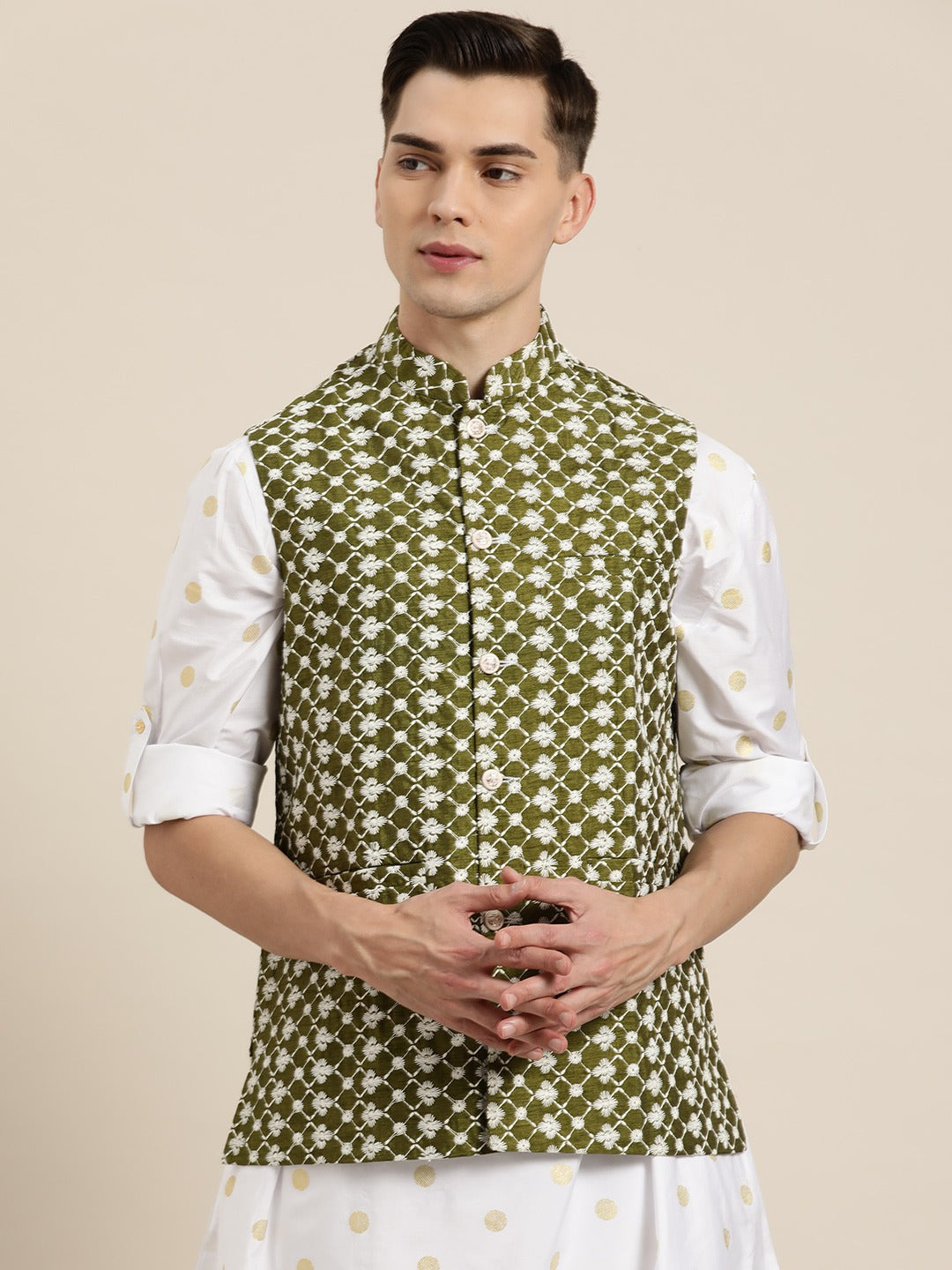 Men's Silk Blend Dark Green Embroidered Only Nehrujacket