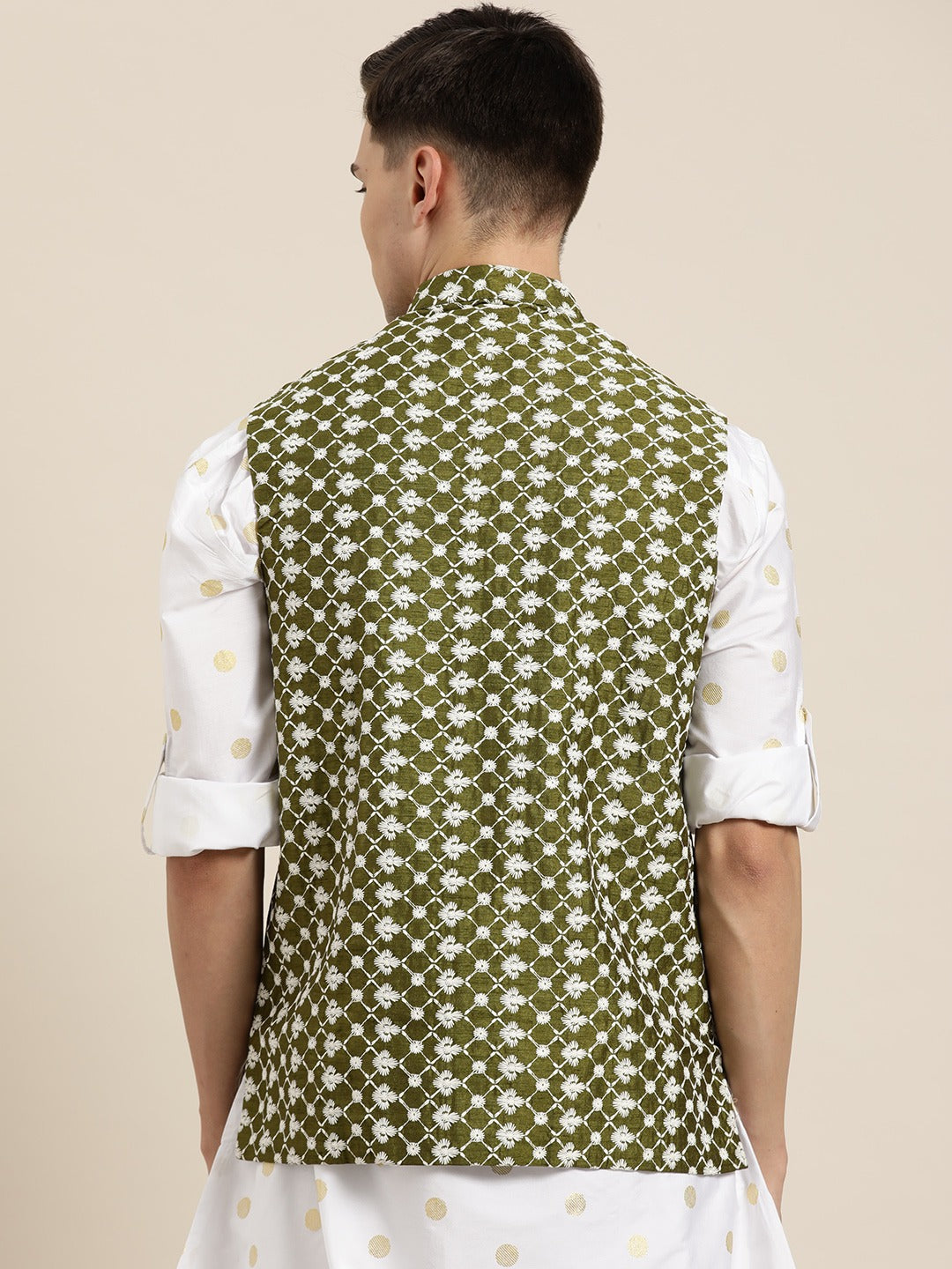 Men's Silk Blend Dark Green Embroidered Only Nehrujacket