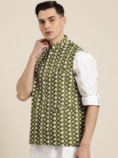 Men's Silk Blend Dark Green Embroidered Only Nehrujacket