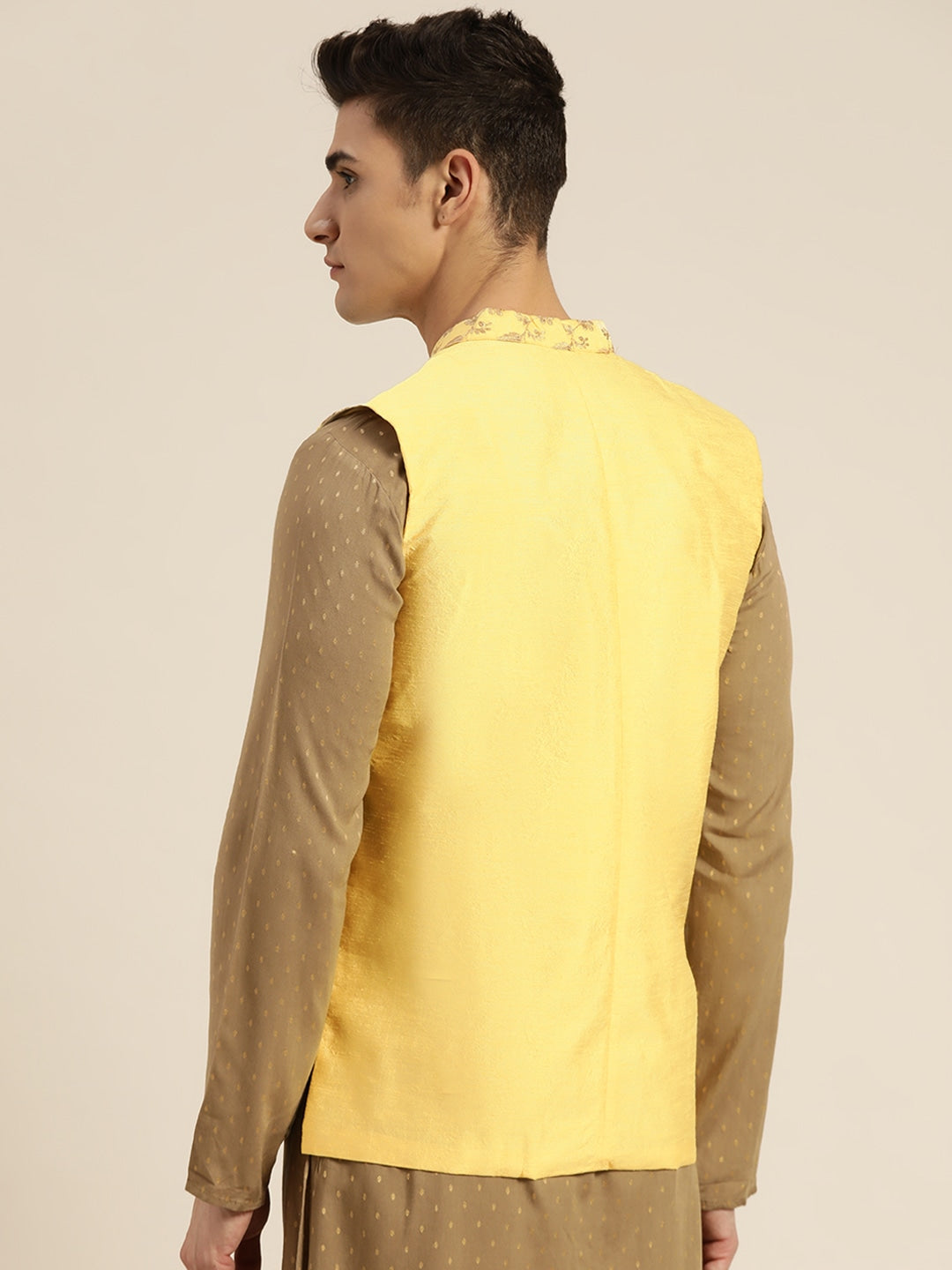 Men's Silk Blend Lemon Yellow & Gold Embroidered Only Nehrujacket