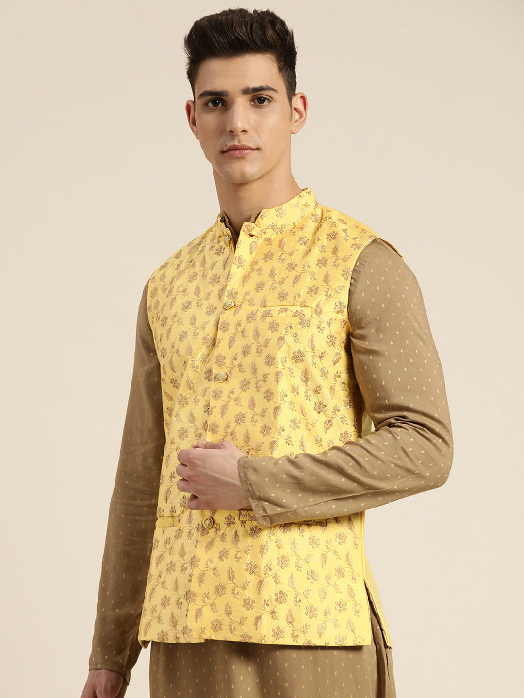 Men's Silk Blend Lemon Yellow & Gold Embroidered Only Nehrujacket