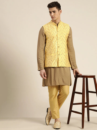 Men's Silk Blend Lemon Yellow & Gold Embroidered Only Nehrujacket