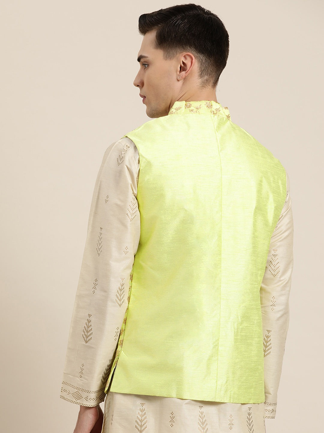 Men's Silk Blend Lime Green & Gold Embroidered Only Nehrujacket