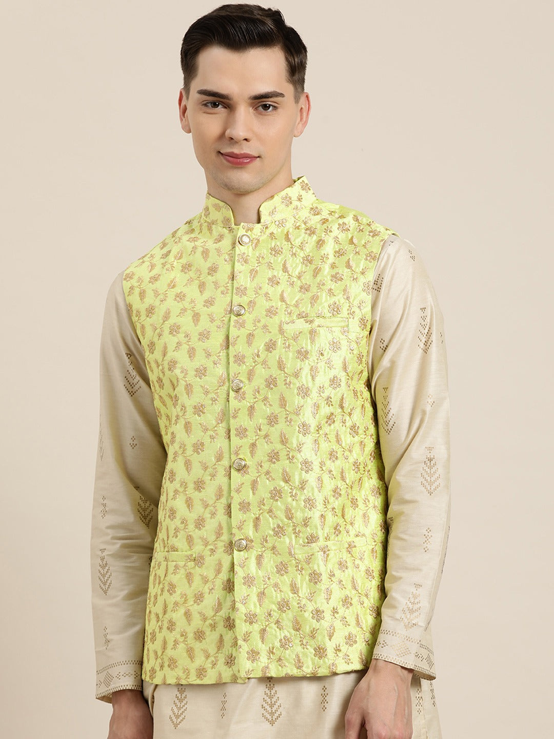 Men's Silk Blend Lime Green & Gold Embroidered Only Nehrujacket