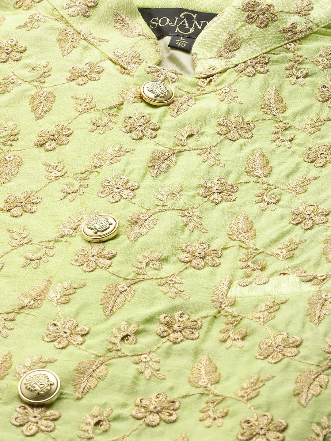 Men's Silk Blend Lime Green & Gold Embroidered Only Nehrujacket