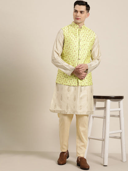 Men's Silk Blend Lime Green & Gold Embroidered Only Nehrujacket