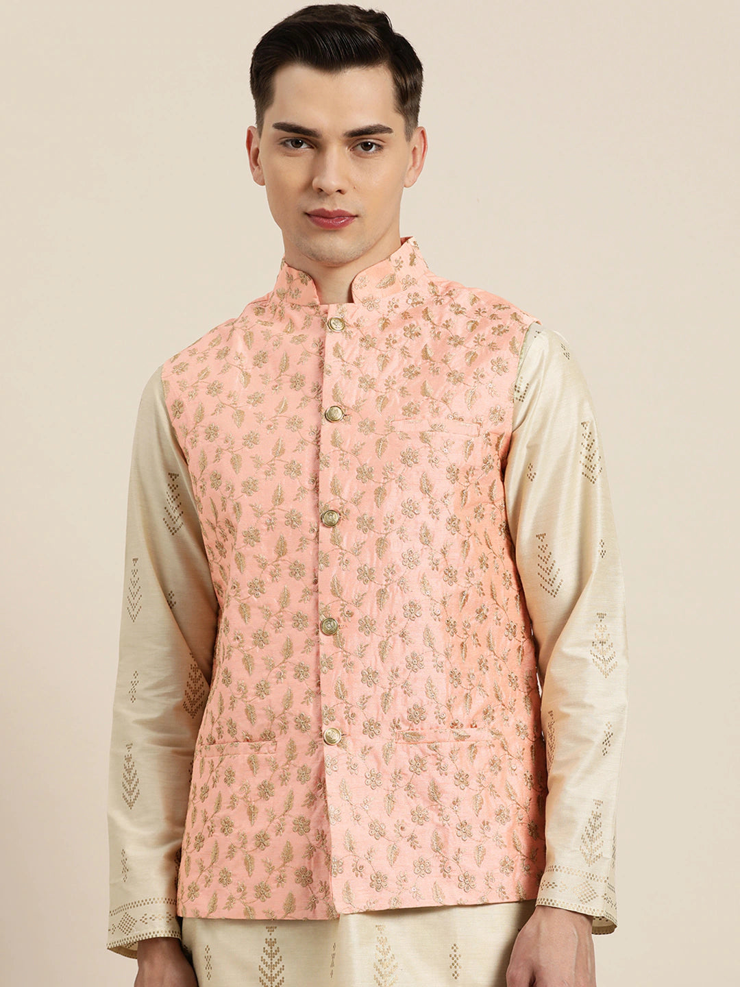 Men's Silk Blend Peach & Gold Embroidered Only Nehrujacket