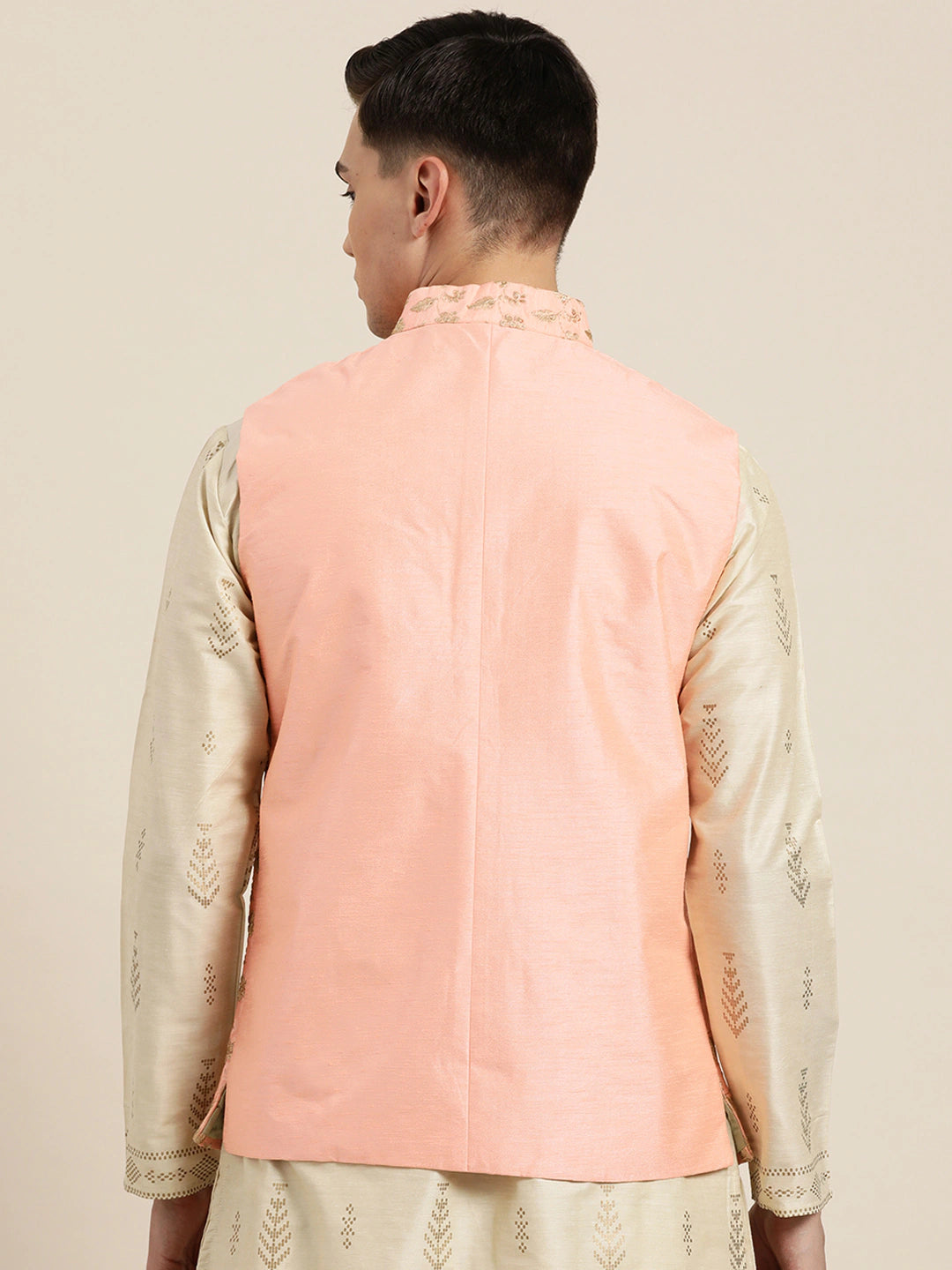 Men's Silk Blend Peach & Gold Embroidered Only Nehrujacket