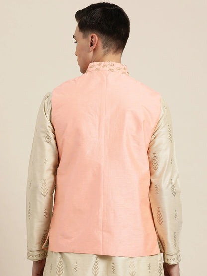 Men's Silk Blend Peach & Gold Embroidered Only Nehrujacket