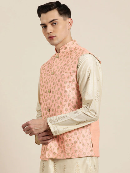 Men's Silk Blend Peach & Gold Embroidered Only Nehrujacket