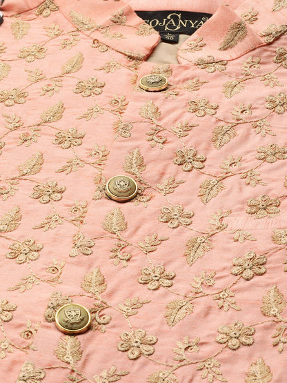 Men's Silk Blend Peach & Gold Embroidered Only Nehrujacket