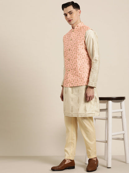 Men's Silk Blend Peach & Gold Embroidered Only Nehrujacket