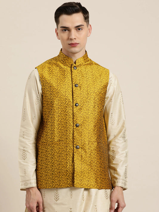 Men's Jacquard Silk Mustard Self Design Only Nehrujacket