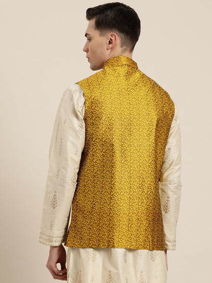 Men's Jacquard Silk Mustard Self Design Only Nehrujacket