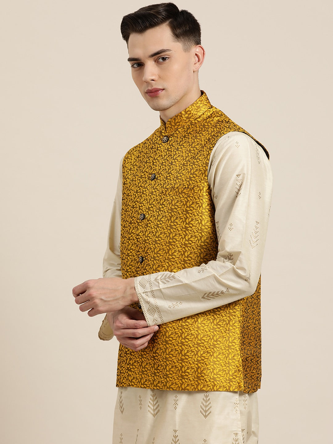 Men's Jacquard Silk Mustard Self Design Only Nehrujacket