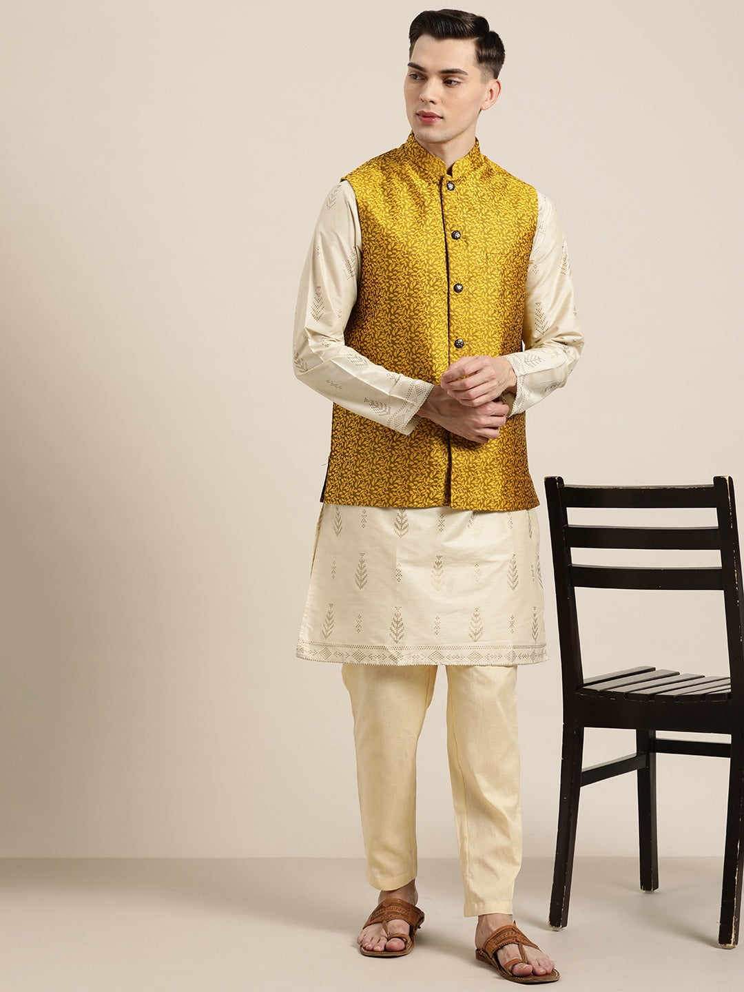 Men's Jacquard Silk Mustard Self Design Only Nehrujacket