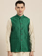 Men's Jacquard Silk Dark Green Self Design Only Nehrujacket