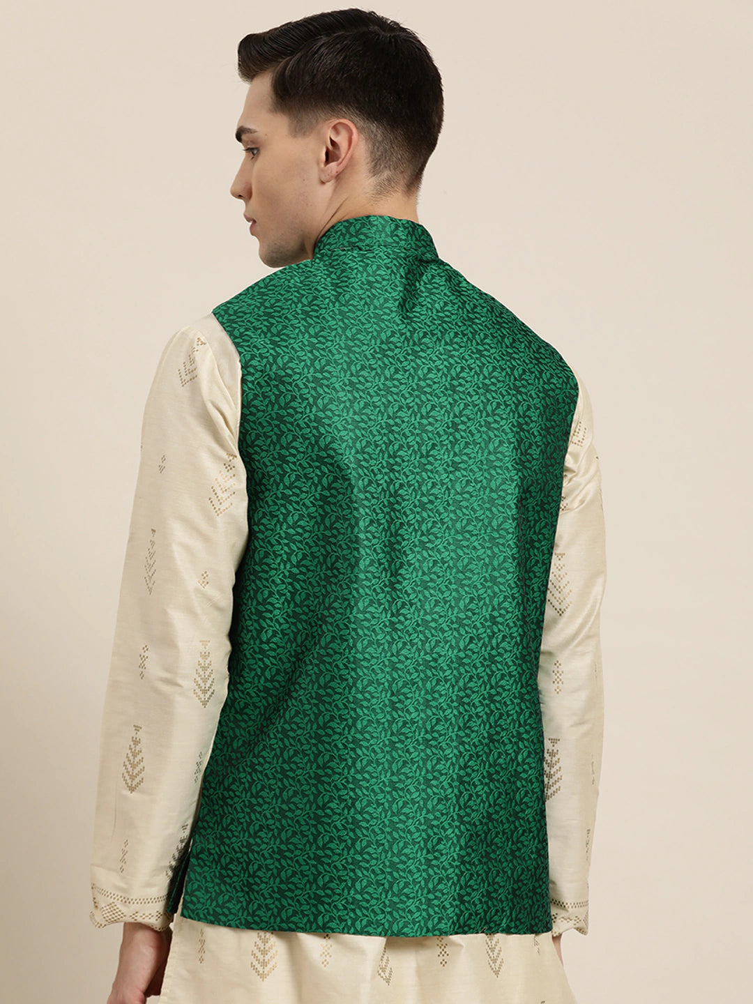 Men's Jacquard Silk Dark Green Self Design Only Nehrujacket