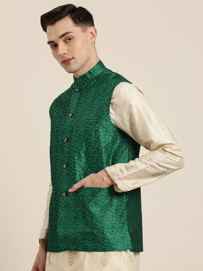 Men's Jacquard Silk Dark Green Self Design Only Nehrujacket