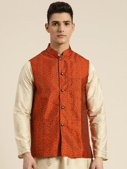 Men's Jacquard Silk Orange Self Design Only Nehrujacket