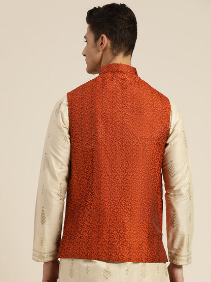 Men's Jacquard Silk Orange Self Design Only Nehrujacket