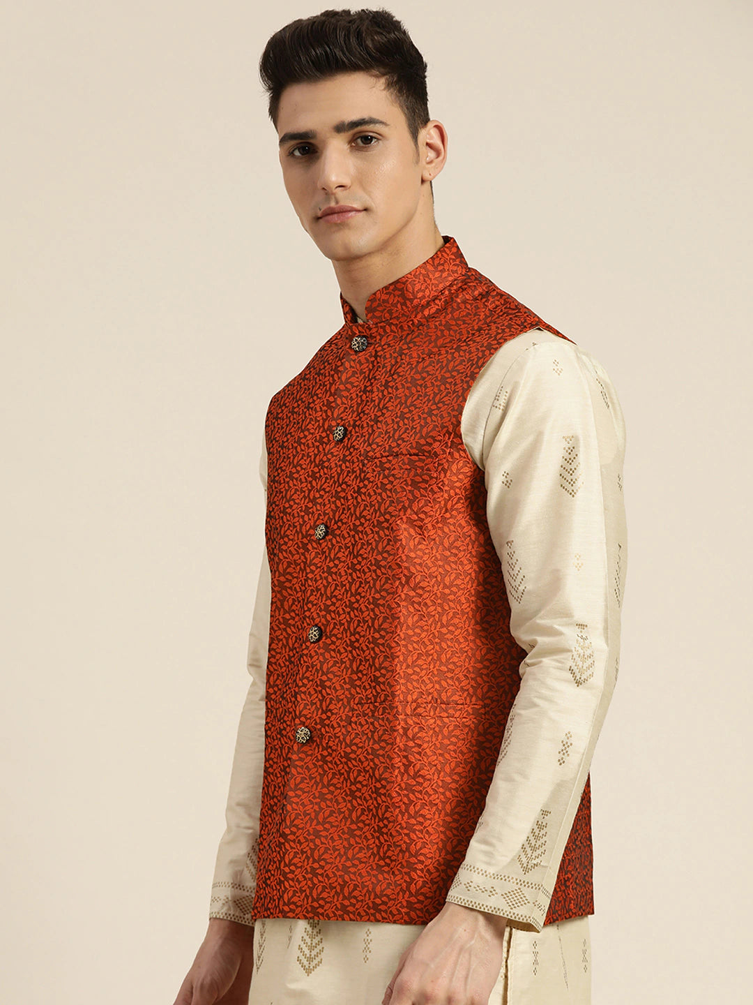 Men's Jacquard Silk Orange Self Design Only Nehrujacket