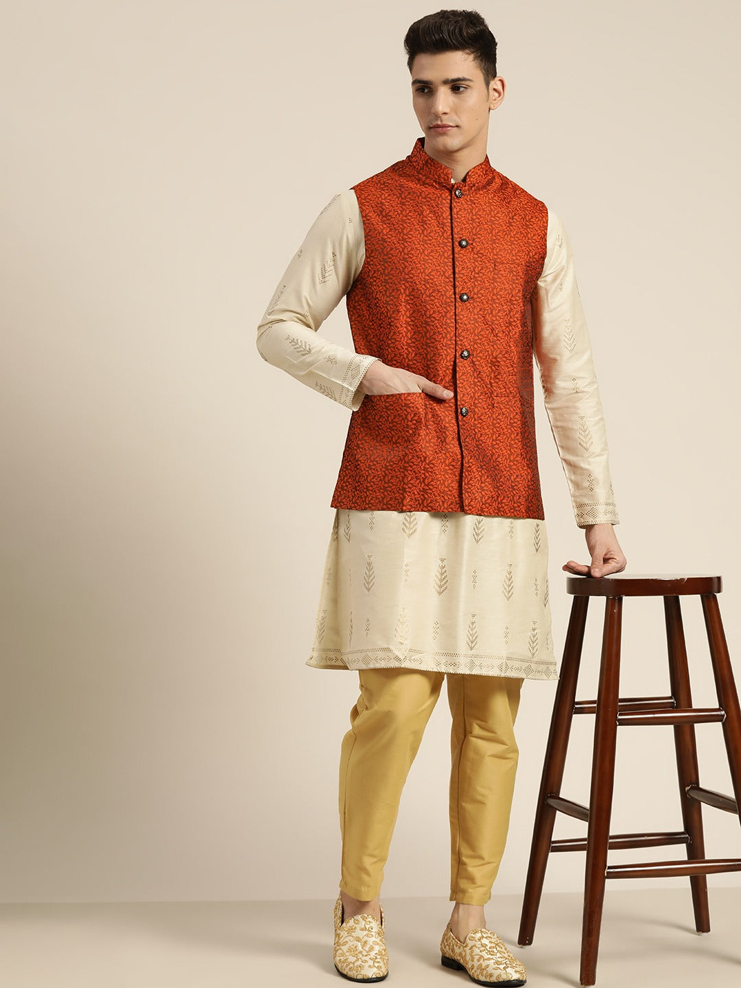 Men's Jacquard Silk Orange Self Design Only Nehrujacket