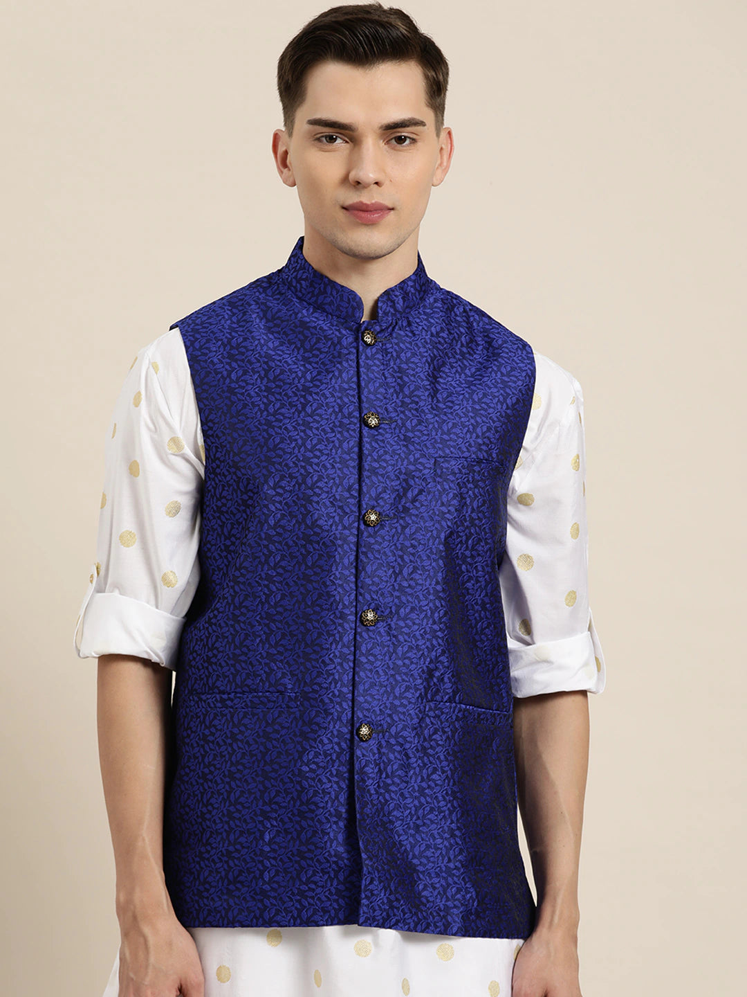 Men's Jacquard Silk Royal Blue Self Design Only Nehrujacket