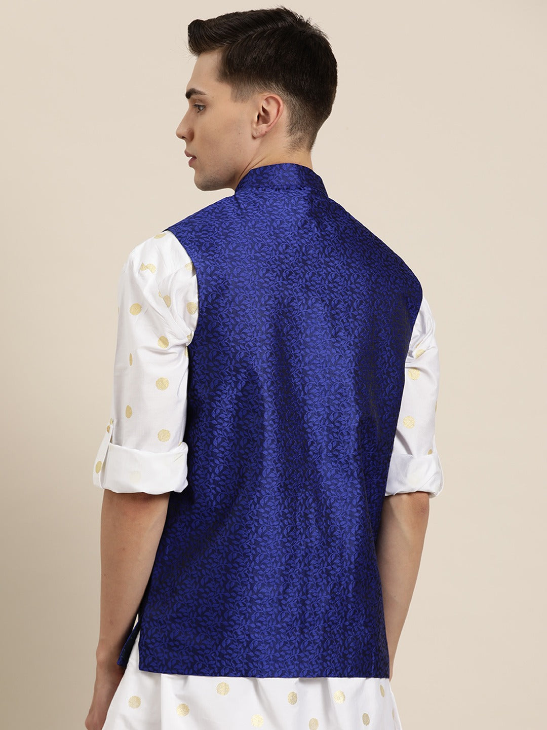 Men's Jacquard Silk Royal Blue Self Design Only Nehrujacket