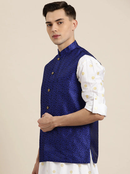 Men's Jacquard Silk Royal Blue Self Design Only Nehrujacket