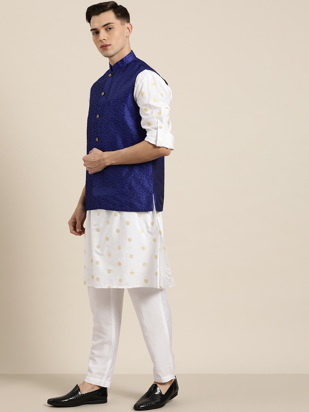 Men's Jacquard Silk Royal Blue Self Design Only Nehrujacket