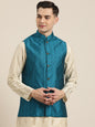 Men's Jacquard Silk Turquoise Blue Self Design Only Nehrujacket