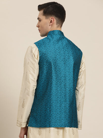 Men's Jacquard Silk Turquoise Blue Self Design Only Nehrujacket