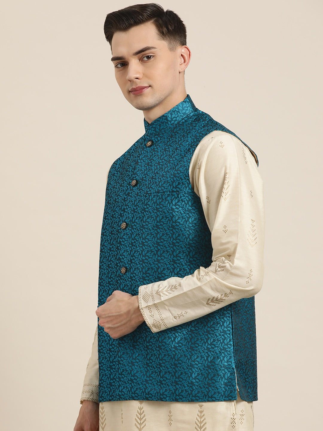 Men's Jacquard Silk Turquoise Blue Self Design Only Nehrujacket