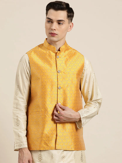 Men's Silk Blend Mustard & Gold Self Design Only Nehrujacket