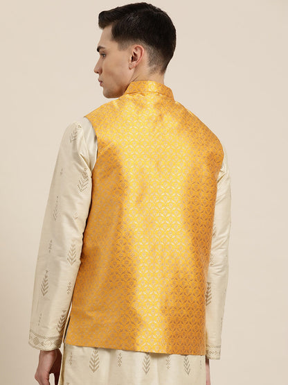 Men's Silk Blend Mustard & Gold Self Design Only Nehrujacket