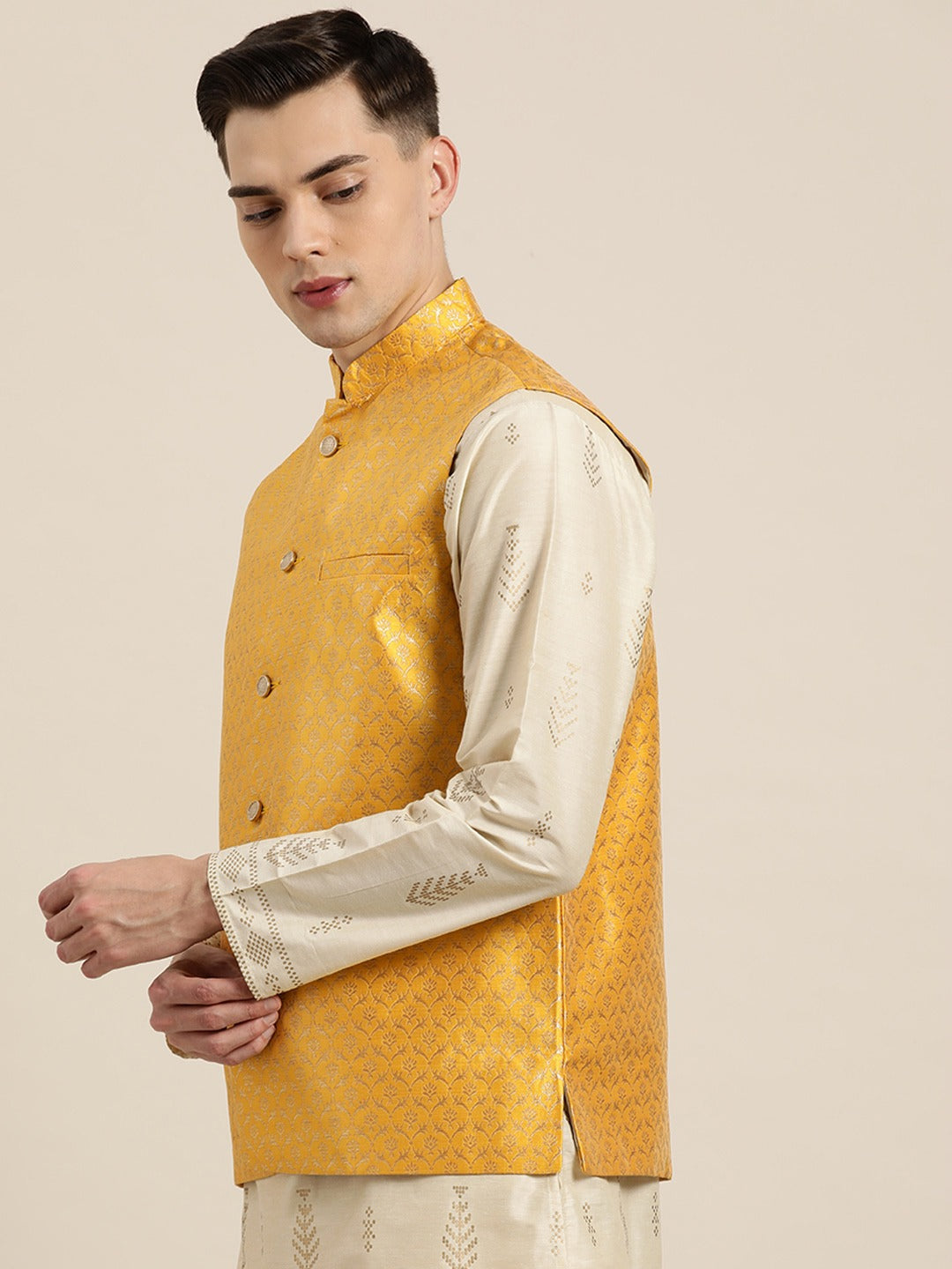 Men's Silk Blend Mustard & Gold Self Design Only Nehrujacket