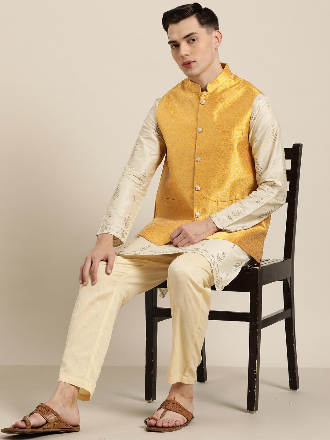 Men's Silk Blend Mustard & Gold Self Design Only Nehrujacket