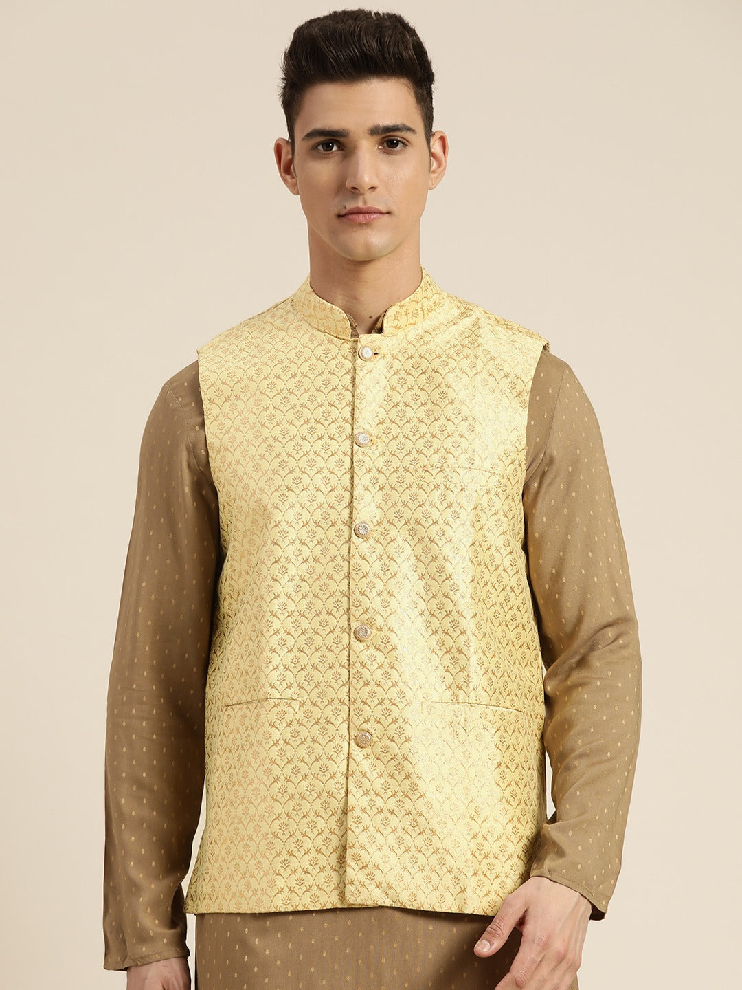 Men's Silk Blend Lime Green & Gold Self Design Only Nehrujacket