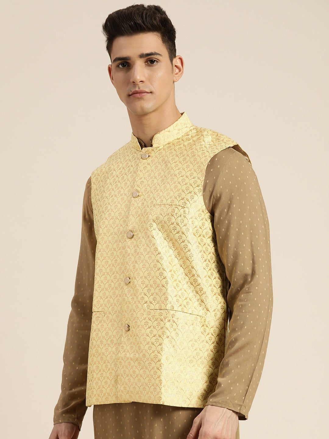 Men's Silk Blend Lime Green & Gold Self Design Only Nehrujacket