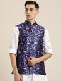 Men's Silk Blend Navy Blue Printed Only Nehrujacket