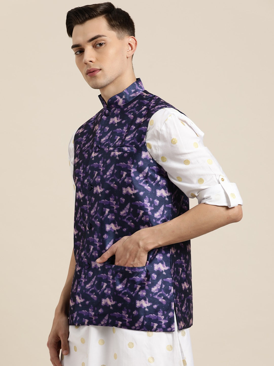 Men's Silk Blend Navy Blue Printed Only Nehrujacket