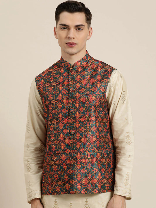 Men's Silk Blend Dark Green Printed Only Nehrujacket