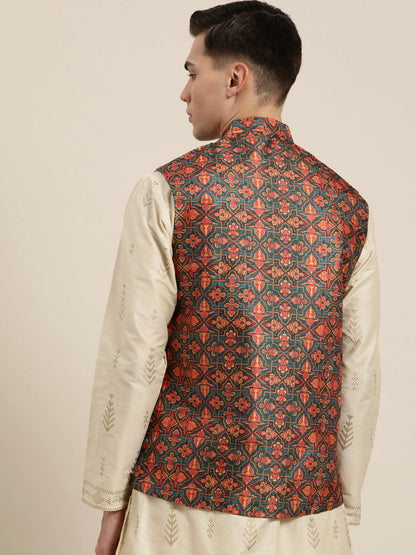 Men's Silk Blend Dark Green Printed Only Nehrujacket