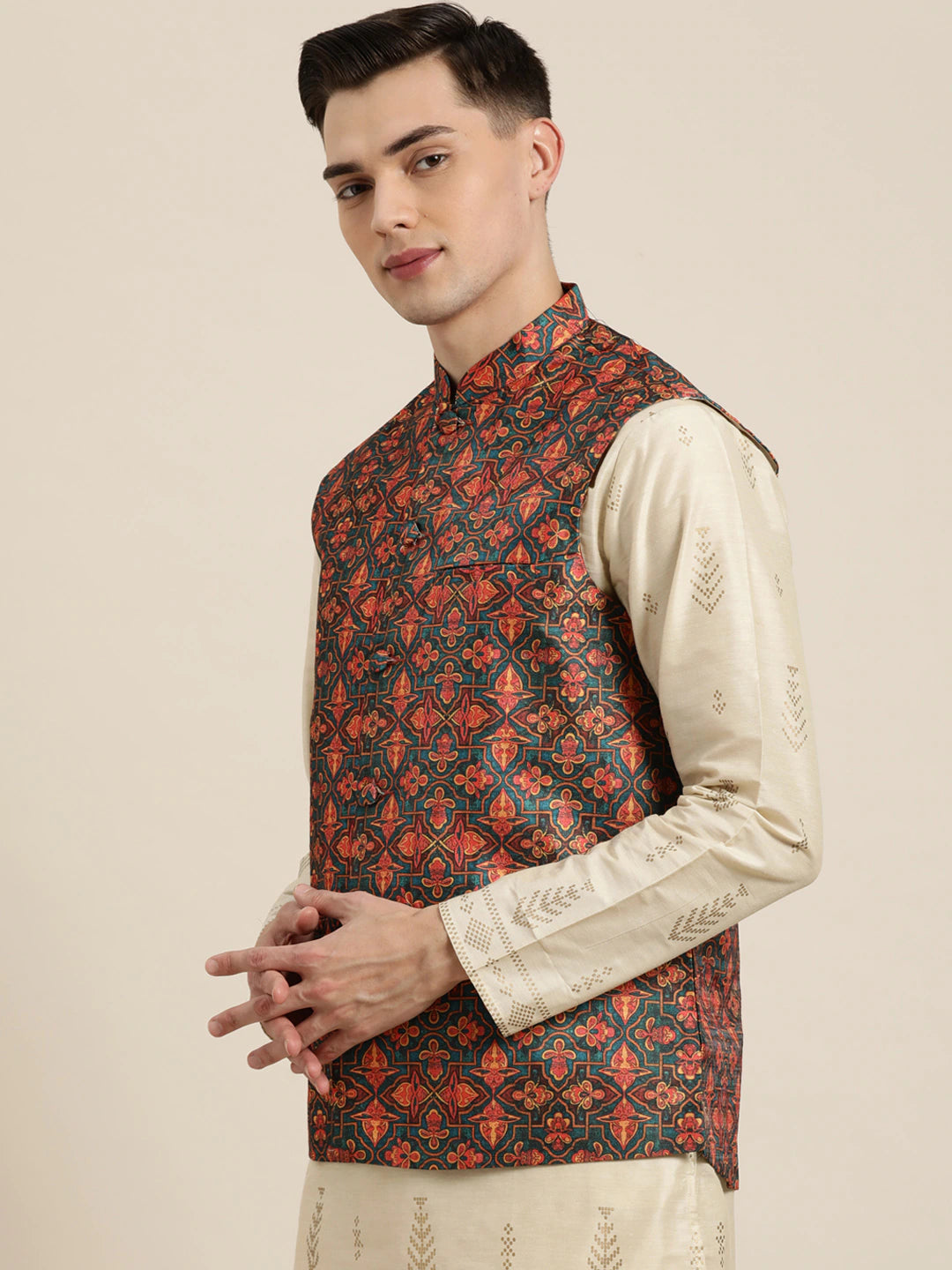 Men's Silk Blend Dark Green Printed Only Nehrujacket